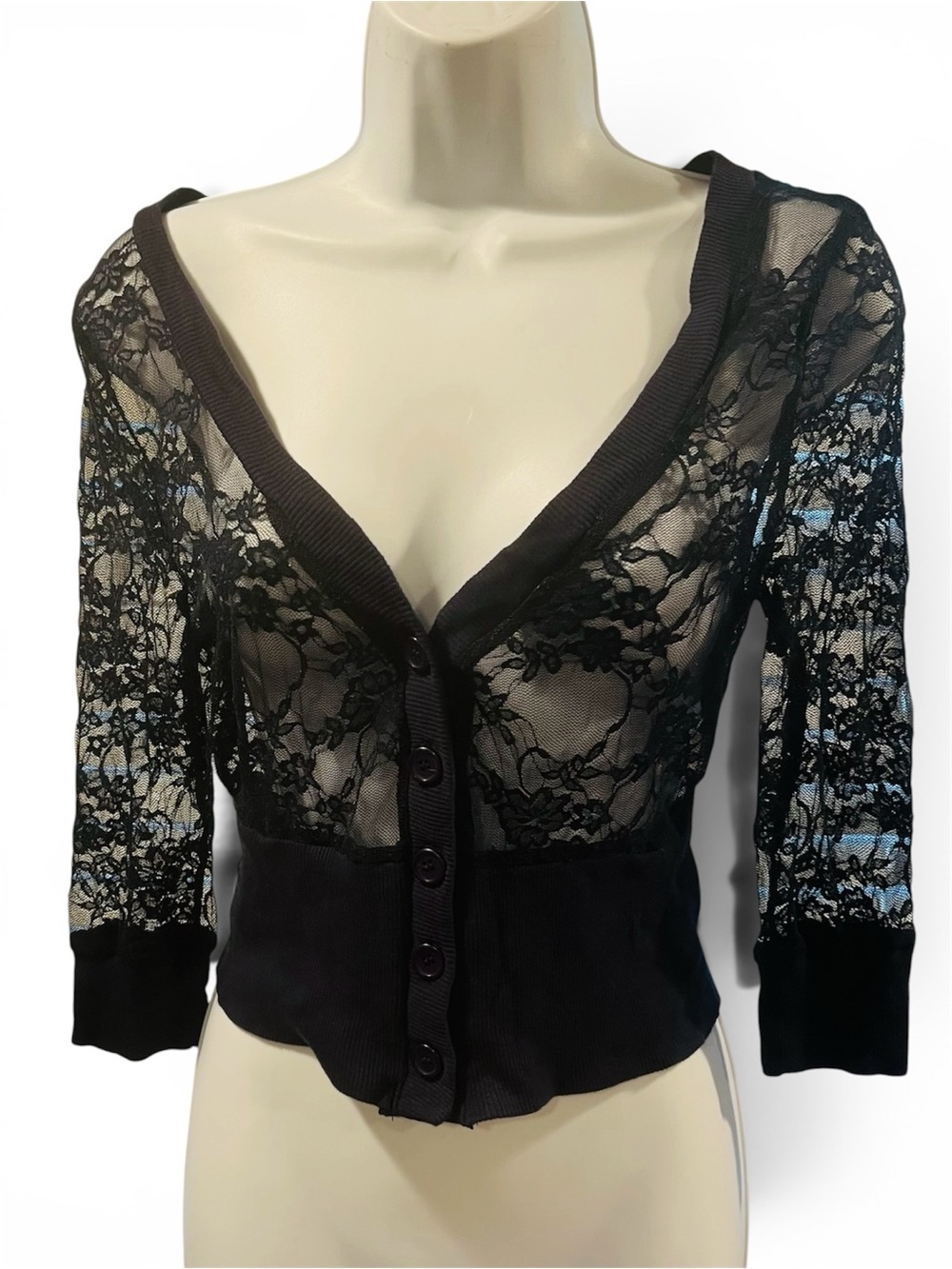 Zenana Outfitters Lace Navy Floral Button-Front Crop Top Cardigan